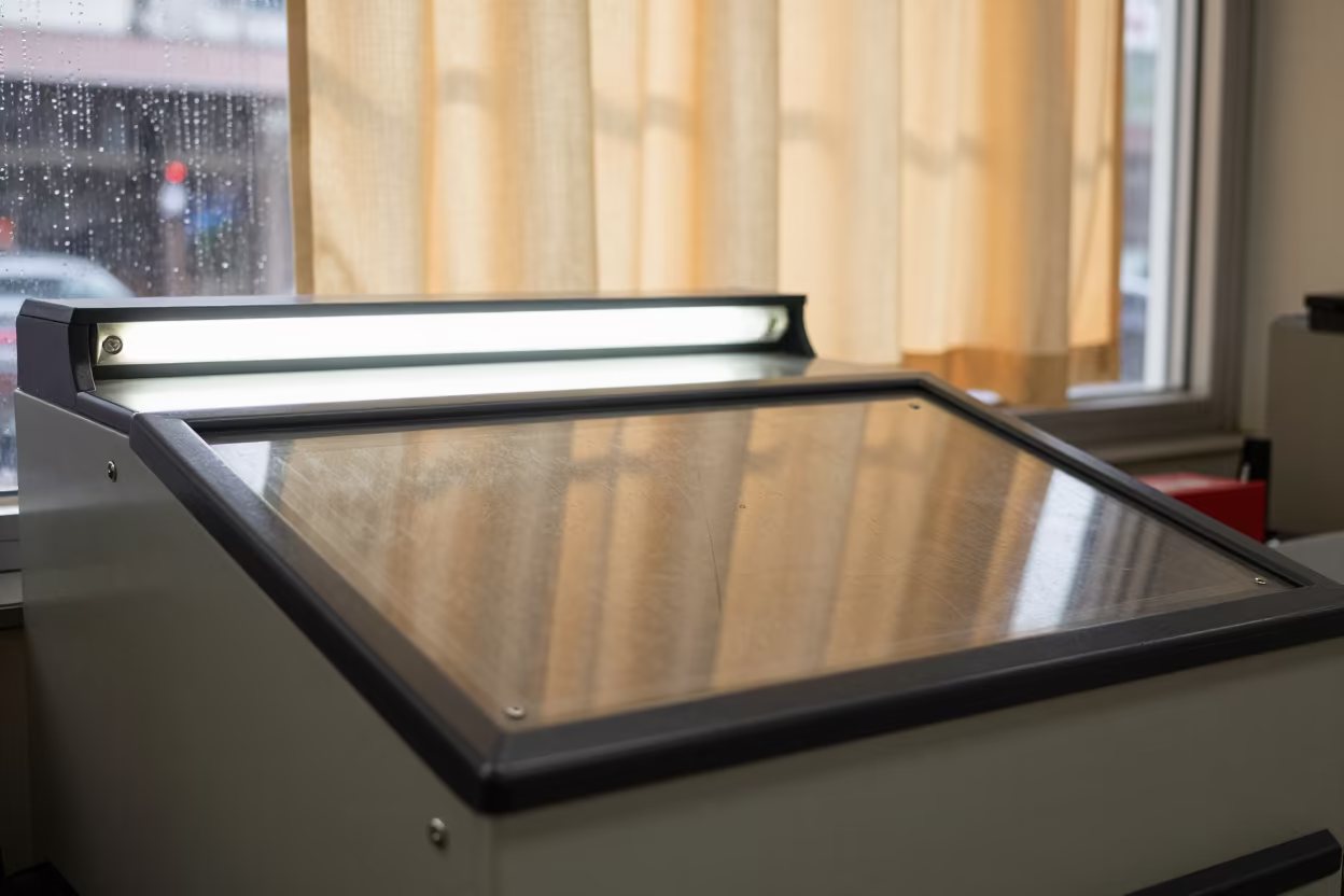 Sticker Drawer Under Retail Fluorescent Light in at a checkout lane under flat store light near New York