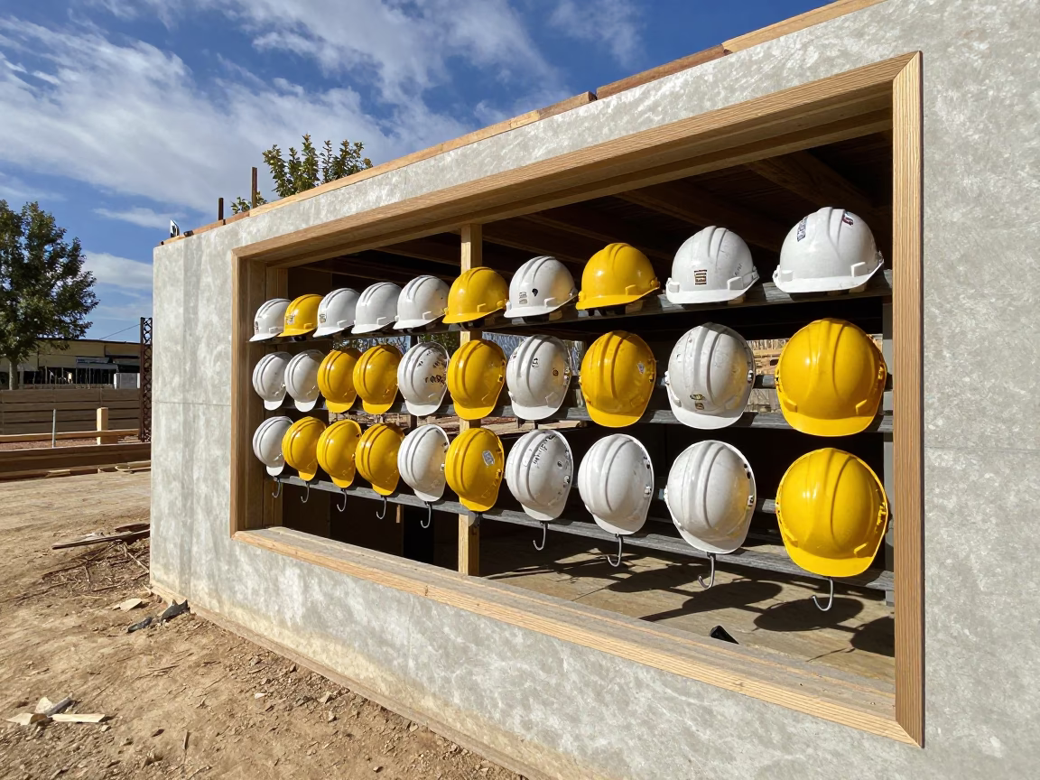 Stickered Hard Hat Rack Outside Catalan Construction Site in beside a framed building shell in Catalonia