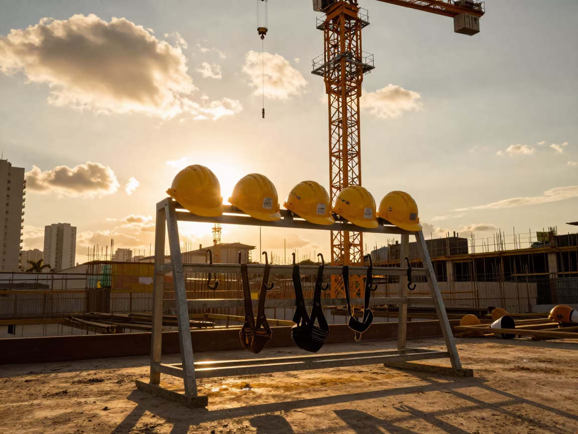 Stickered Hard Hat Rack Before Golden Hour Briefing in beneath a tower crane on open ground in São Paulo state