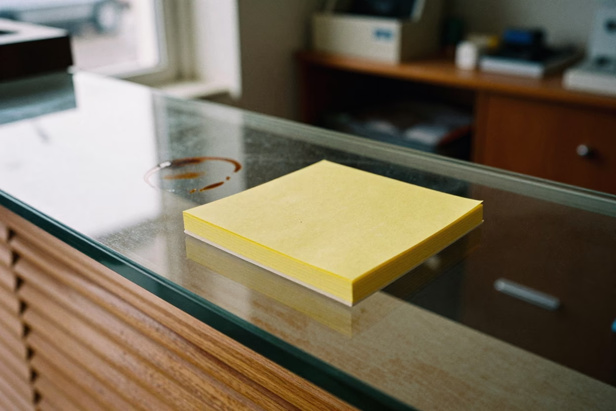 Sticky Note on Glass Counter with Blinds in Tashkent in inside a goldsmith workshop behind the market lane in Tashkent