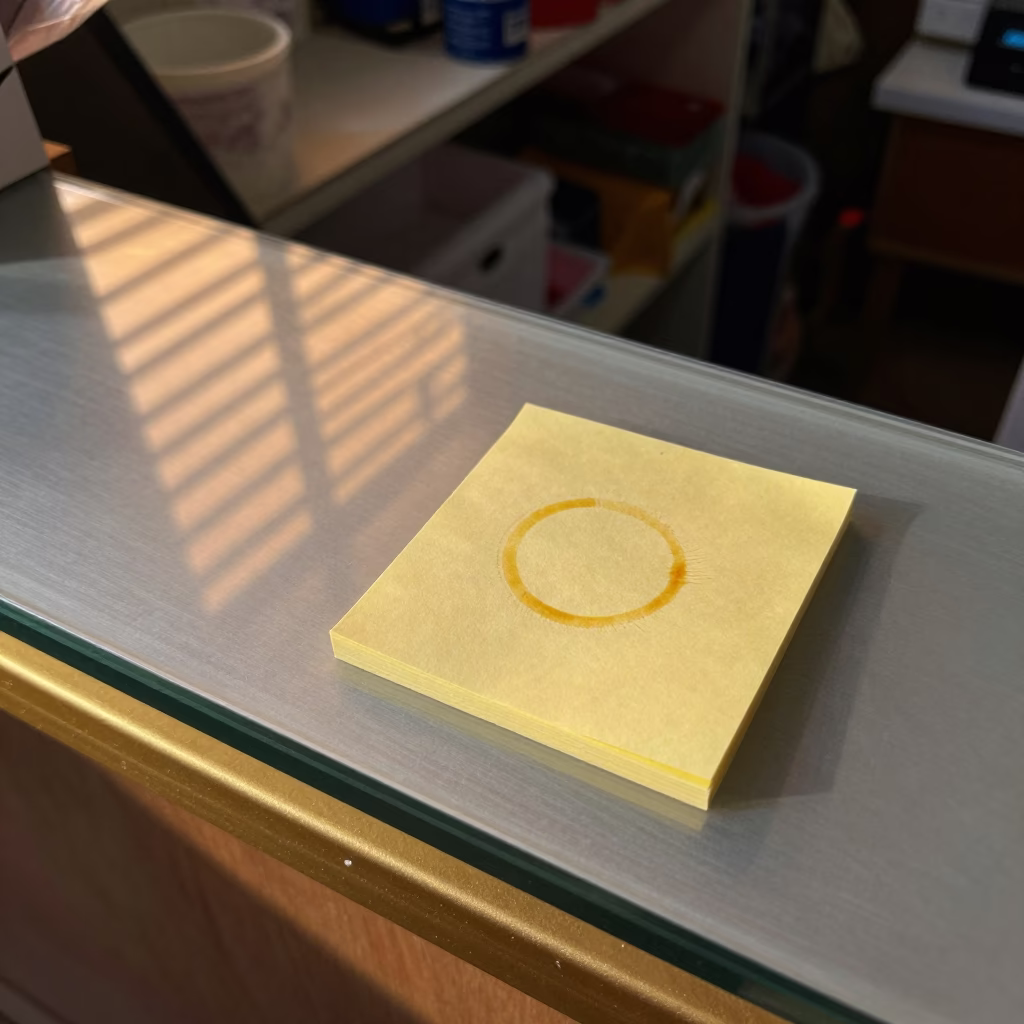 Sticky Note Pad on Goldsmith Counter in Oujda in at a goldsmith bench in a bazaar jewelry lane in Oujda