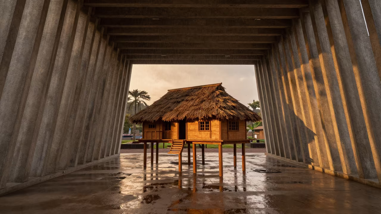 Stilt House Model in Addis Ababa Lobby in inside a ribbed concrete lobby in Entoto, Addis Ababa