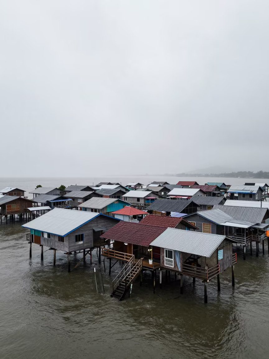 Stilt Village Drone View Misty Dawn Light in inside a tiled stair hall near Changchun