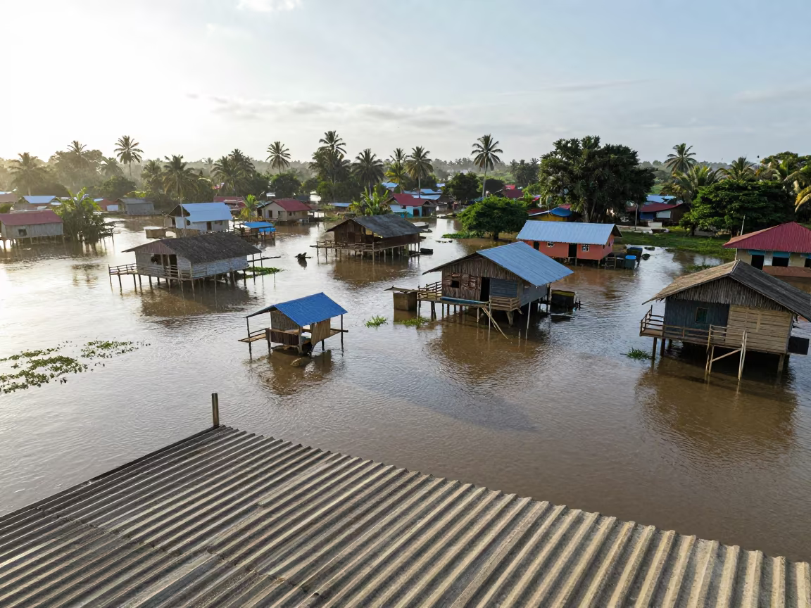 Stilt Village Flooded Delta Wet Season in inside a ribbed concrete lobby near Bobo-Dioulasso