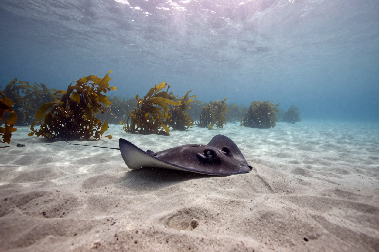 Stingray Buried in Sand at Italian Dawn in along a kelp-fringed shelf in Italy