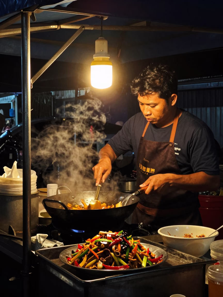 Stir Fry in Bangkok at The Deepest Night Sky Light in in Bangkok, Thailand