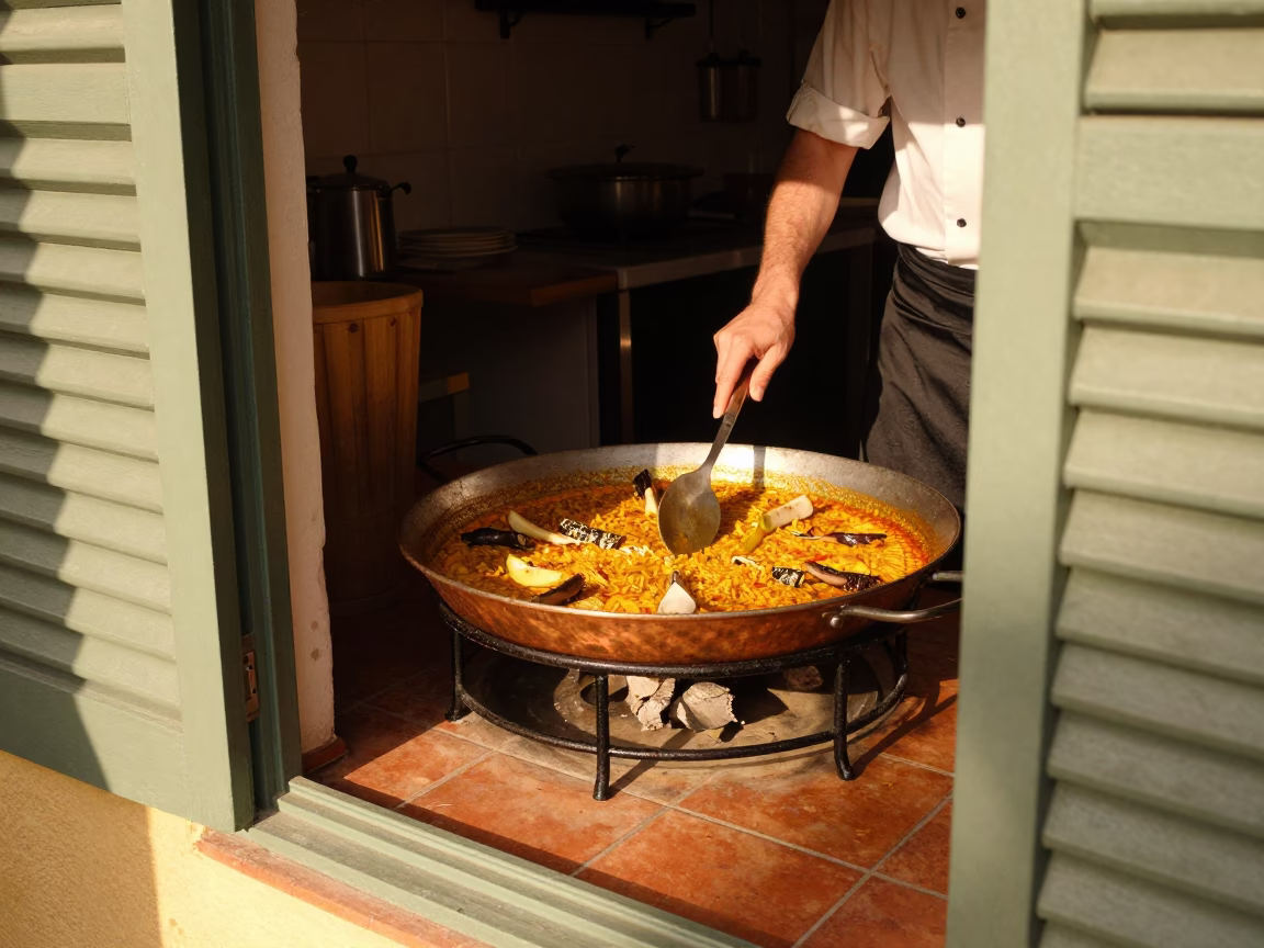 Stirring Paella in Valencia in in Valencia, Spain