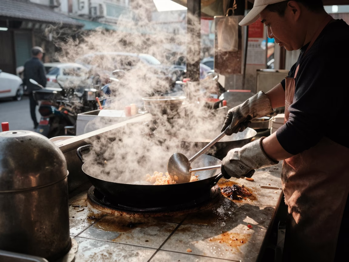 Stirring Woks in Tainan at As First Light Reaches The Scene in in Tainan, Taiwan