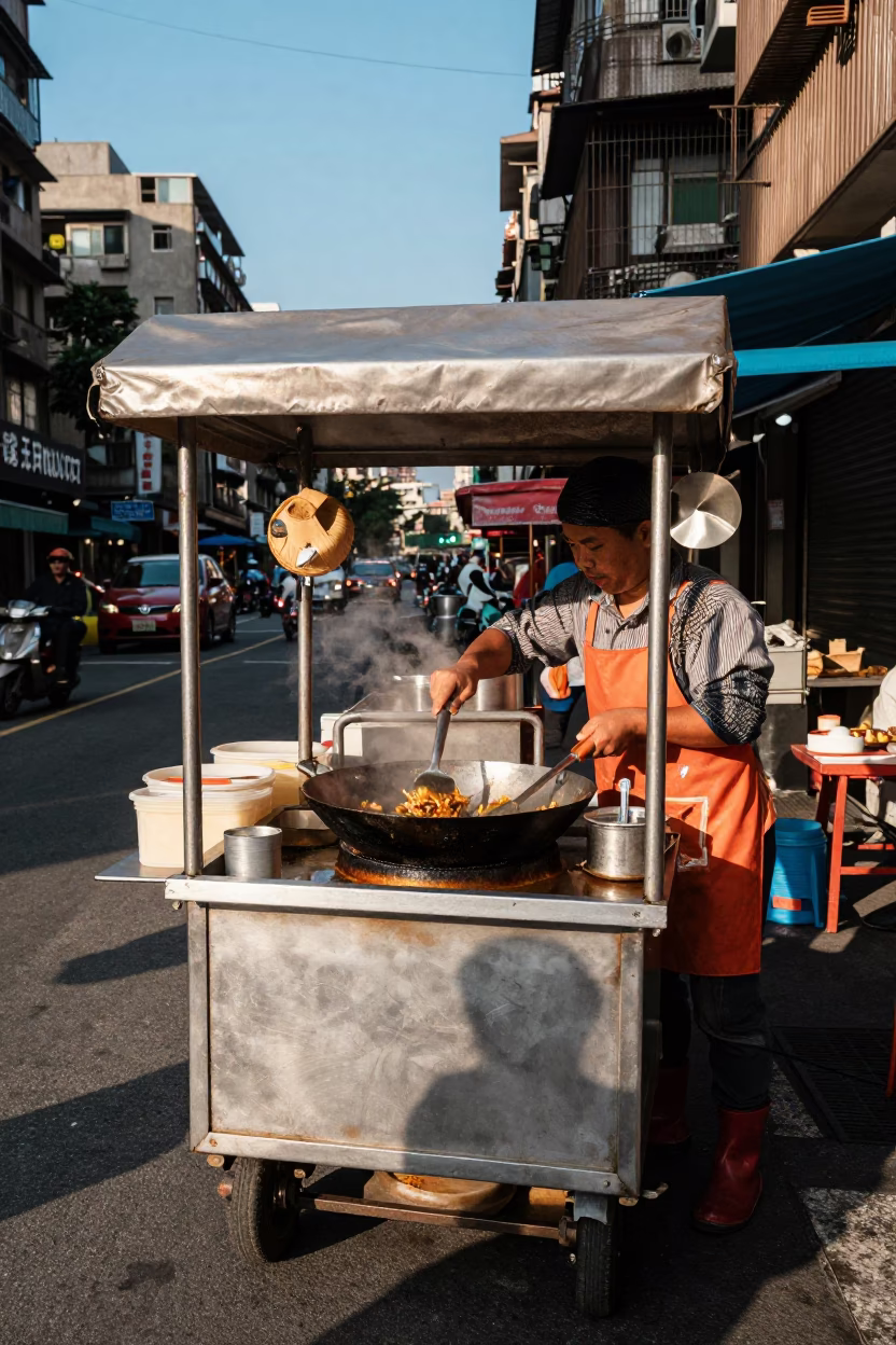 Stirring Woks in Taipei at Clear Late-afternoon Light in in Taipei, Taiwan