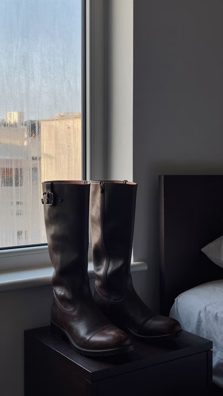 Stitched Boots on Hong Kong Table in on a bedside table in Hong Kong