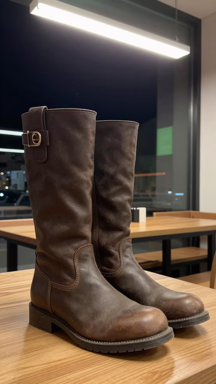 Stitched Leather Boots on Cafe Table Night in on a cafe table by a window near Batman