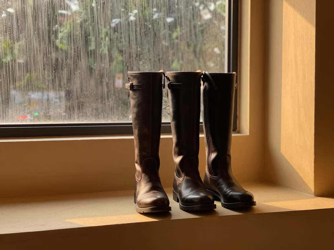 Stitched Riding Boots on Shelf in Monsoon Light in on a painted display ledge in Anyang