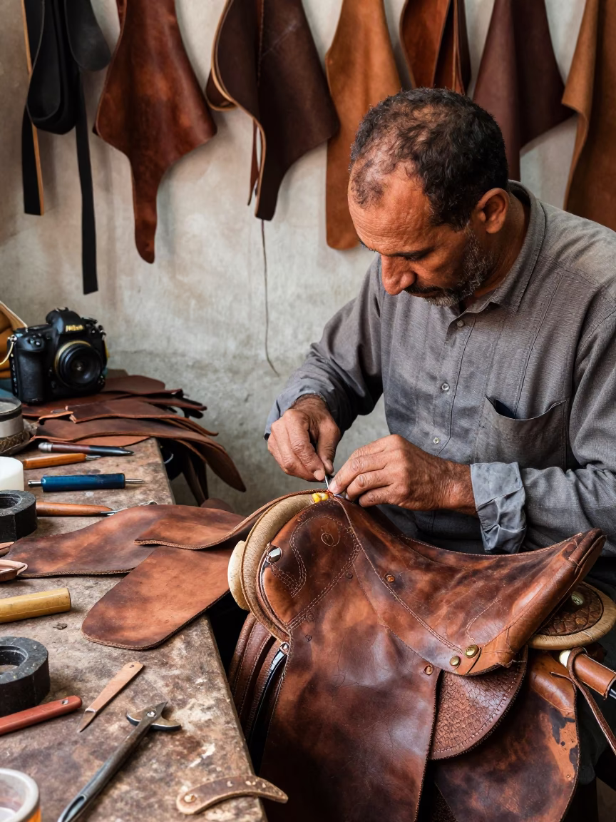 Stitching Saddle in Fez in in Fez, Morocco
