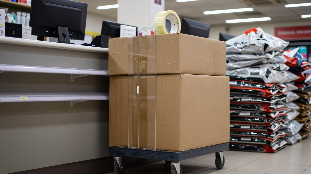 Stock Cart at Late Night Retail Counter Zarqa in at a cash wrap counter with bags stacked nearby near Zarqa