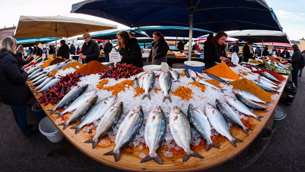 Stockfish Market Dawn Spice Table Ice Scales in at a spice vendor's table in Stockholm