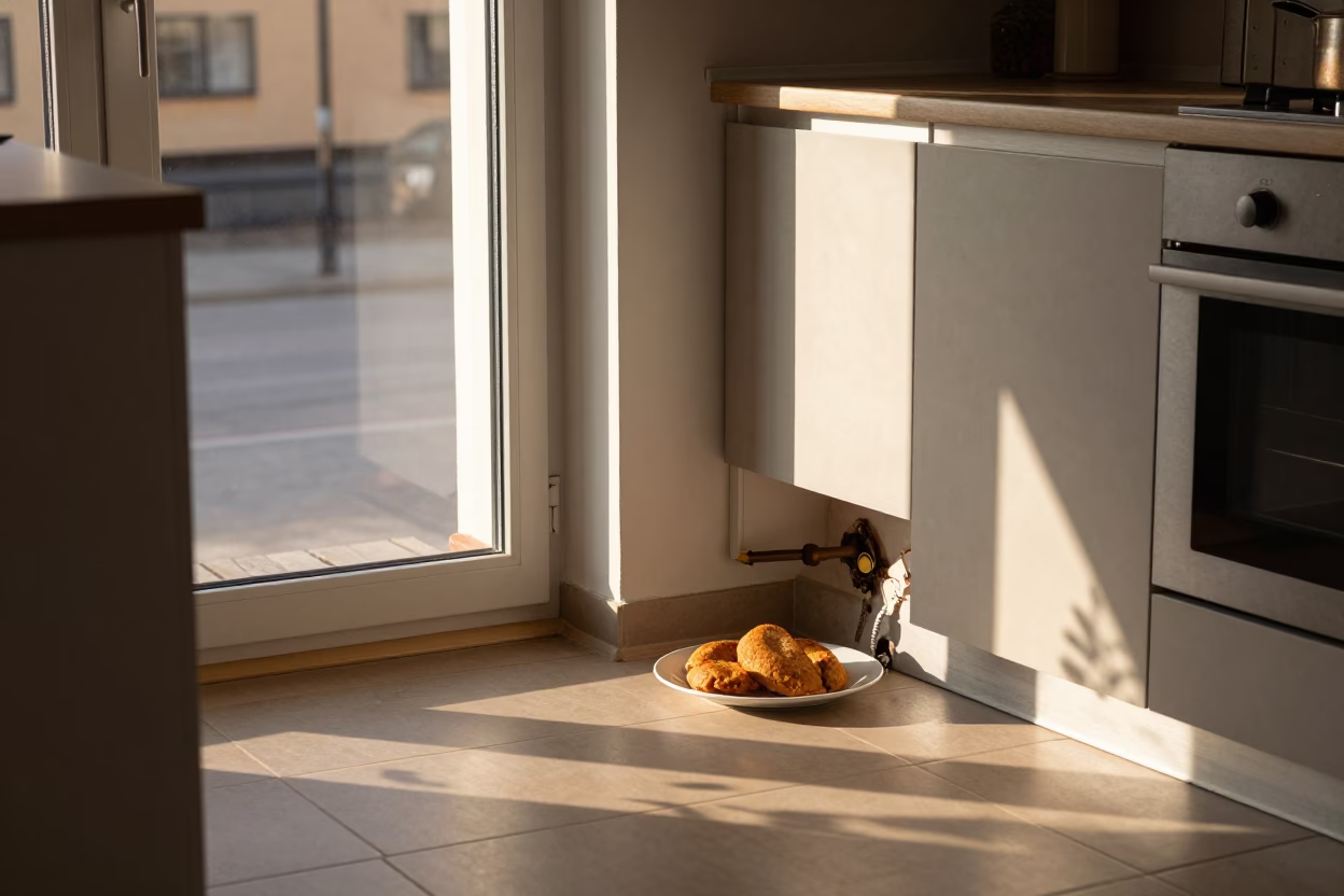Stockholm Apartment Kitchen Golden Hour with Leaking Pipe and Kibbeh Plate in in Stockholm, Sweden
