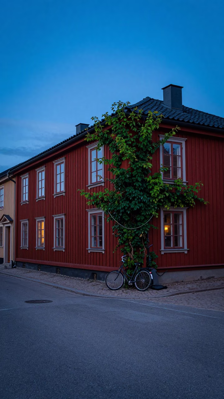 Stockholm Blue Hour Street Scene with Bicycle and Ivy Vines in in Stockholm, Sweden