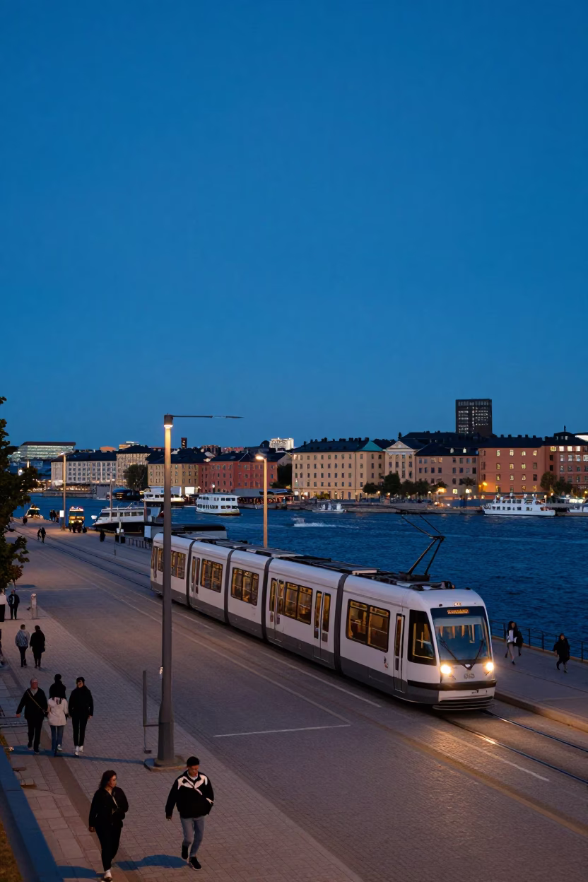 Stockholm Blue Hour Street Scene with Monorail and Harbor Details in in Stockholm, Sweden