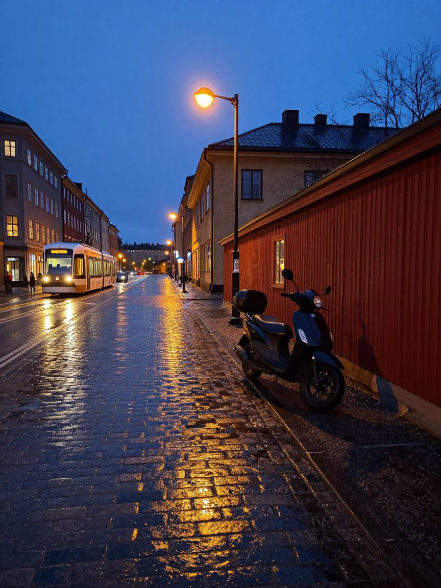 Stockholm Blue Hour Street Scene with Scooter and Tram Reflections in in Stockholm, Sweden