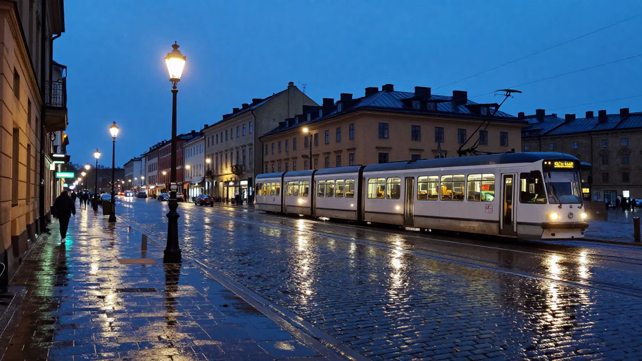 Stockholm Blue Hour Street Scene with Tram and Rain-Slicked Cobblestones in in Stockholm, Sweden