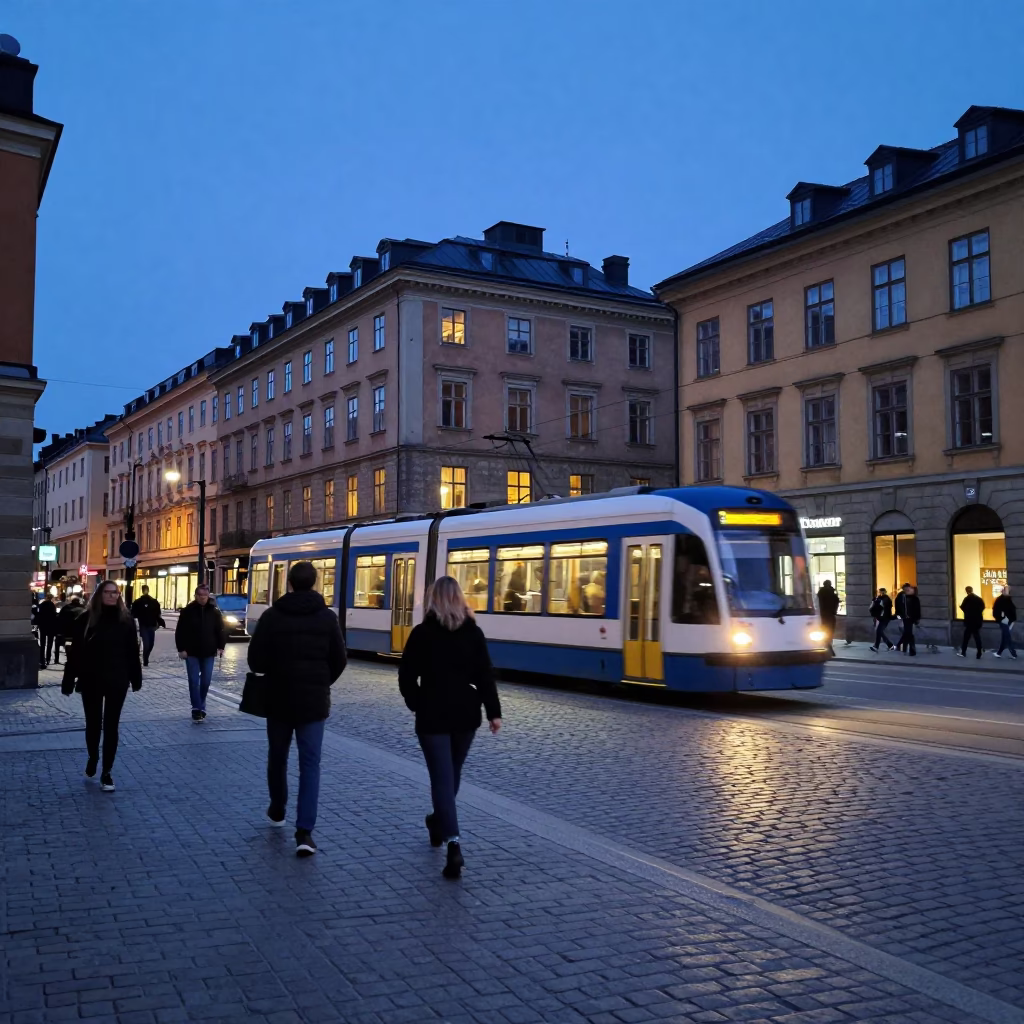 Stockholm Blue Hour Tram Passing Art Nouveau Facades with Street Life in in Stockholm, Sweden