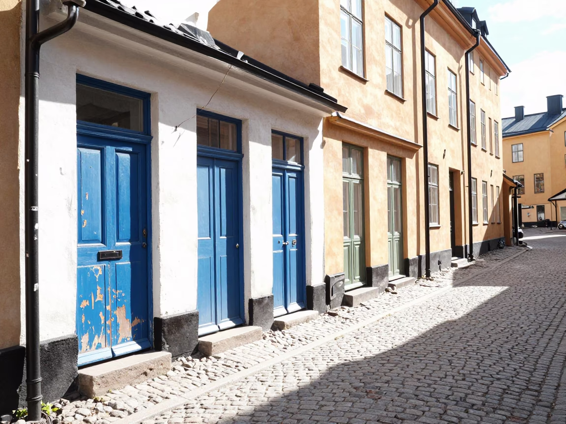Stockholm Busy Alleyway at Bright Midmorning Light in in Stockholm, Sweden