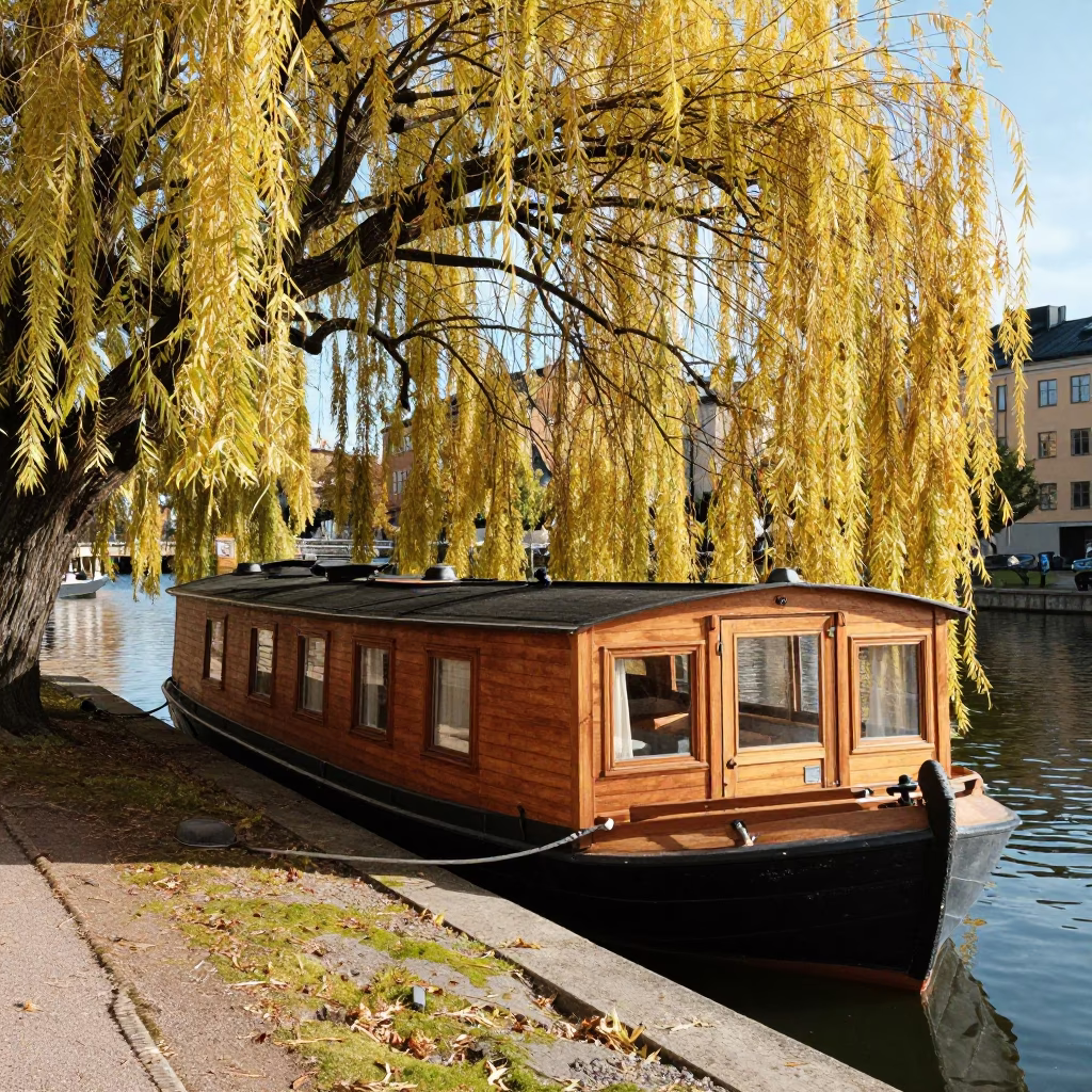 Stockholm Canal Houseboat Moored Under Autumn Willows in Bright Midmorning Light in in Stockholm, Sweden