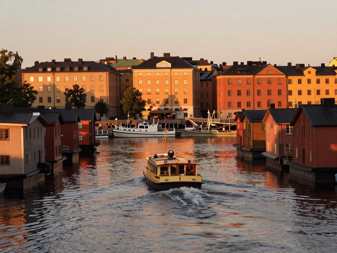 Stockholm Canal Scene Before Dusk Water Taxi Zigzagging Between Houseboats in Copper Toned Light in in Stockholm, Sweden