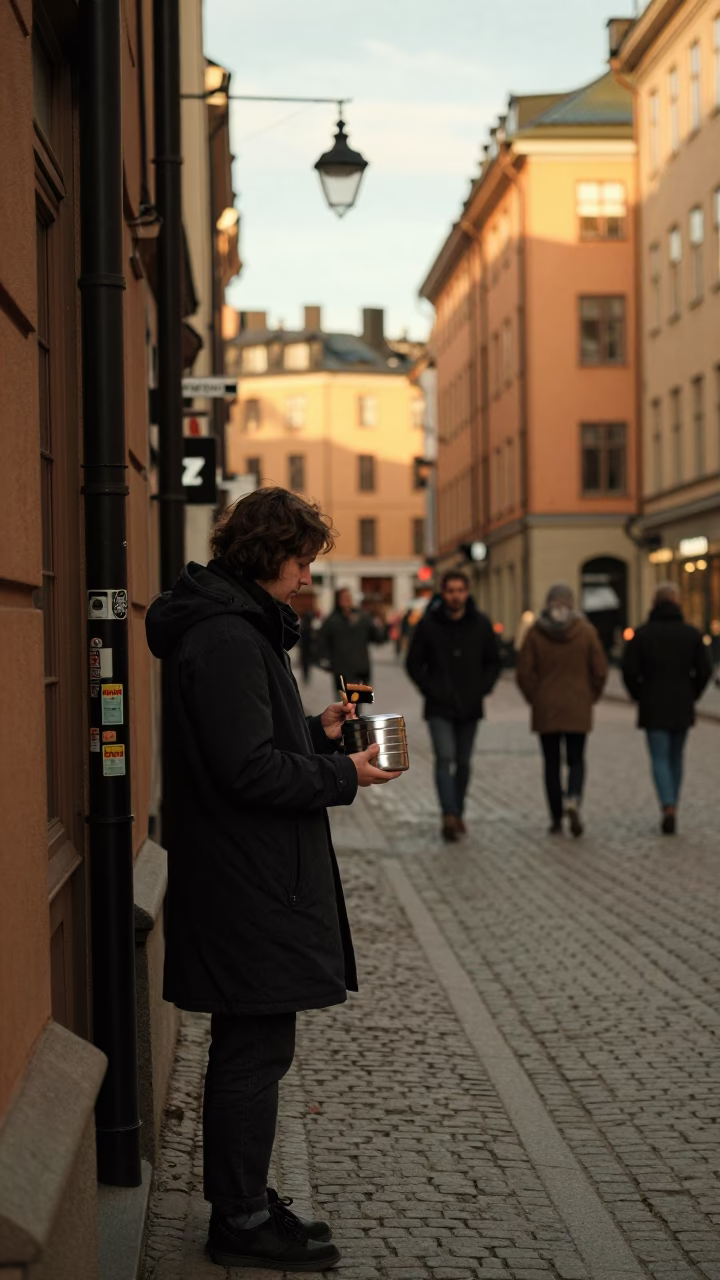 Stockholm City Scene Early Afternoon with Tiffin Tin and Coat Brush in in Stockholm, Sweden
