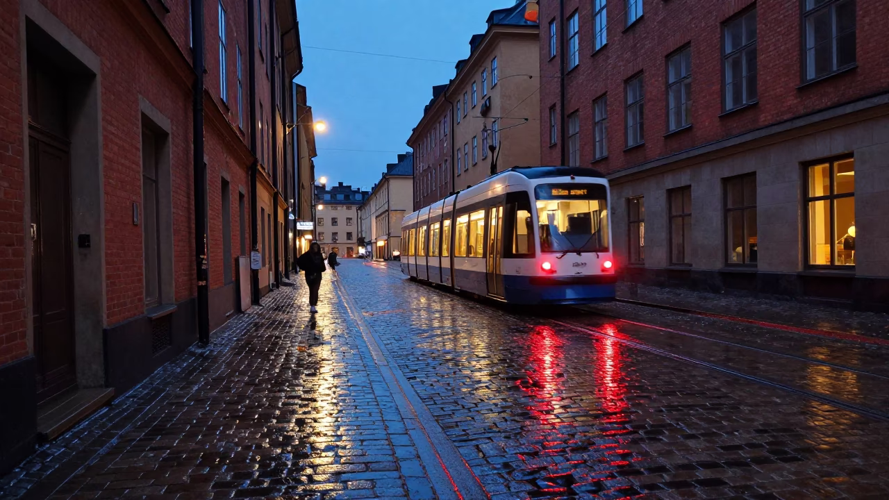 Stockholm cobblestone street scene with tram reflection in rain puddles at indigo twilight in in Stockholm, Sweden