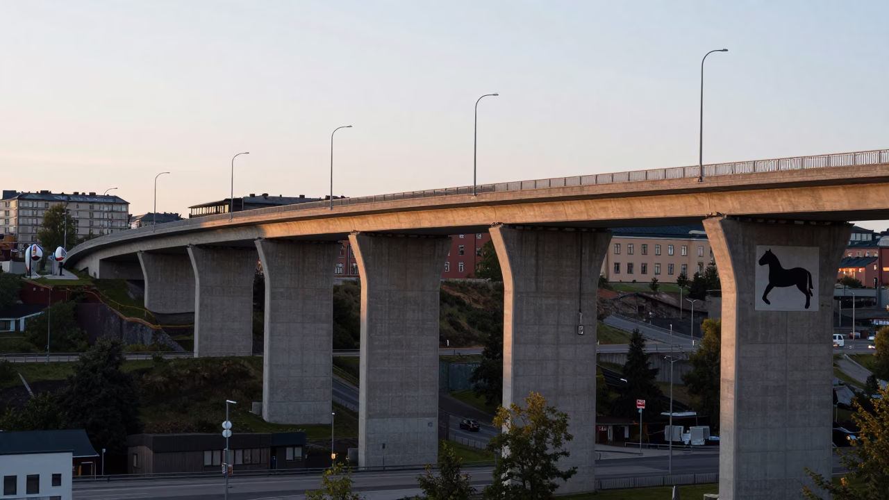 Stockholm Concrete Viaduct And Dala Horse Signage in in Stockholm, Sweden