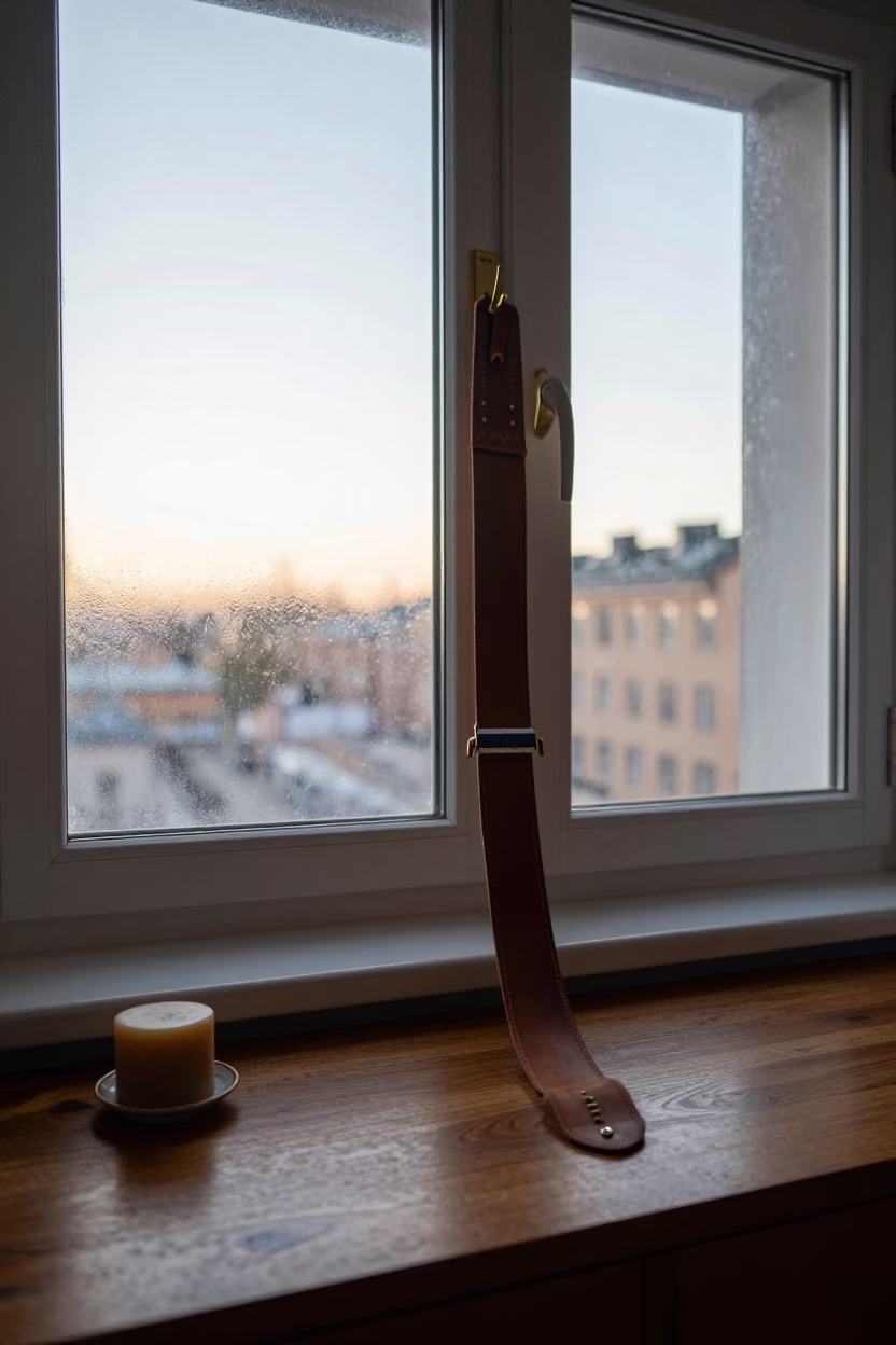 Stockholm Dawn Interior with Vintage Razor Strop and Soap Bottle on Wooden Surface in in Stockholm, Sweden