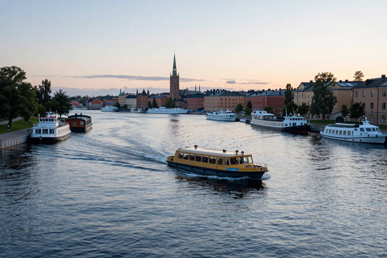 Stockholm Dawn Water Taxi Navigating Canal Past Houseboats and Construction Site at First Light in in Stockholm, Sweden