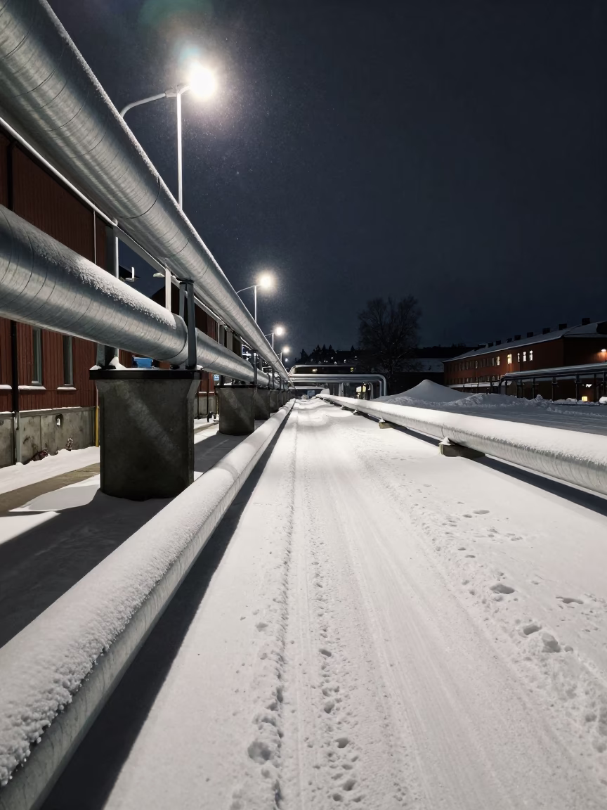 Stockholm District Heating Corridor at Midnight Snow Reflections in in Stockholm, Sweden