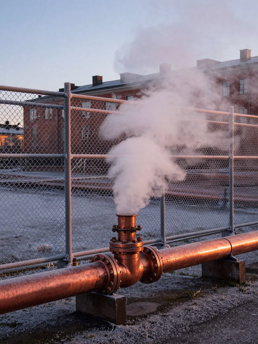 Stockholm District Heating Pipe Steaming Behind Frost Fencing in Copper Dusk Light in in Stockholm, Sweden