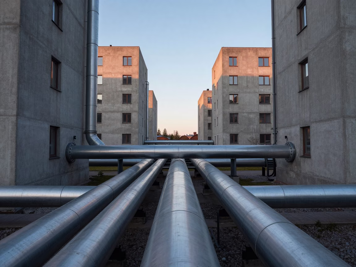Stockholm District Heating Pipes Between Concrete Apartment Blocks at Dawn First Light in in Stockholm, Sweden