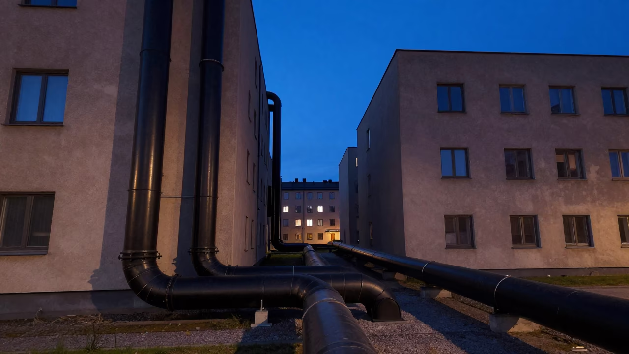 Stockholm District Heating Pipes Crossing Concrete Apartment Blocks in Indigo Twilight in in Stockholm, Sweden