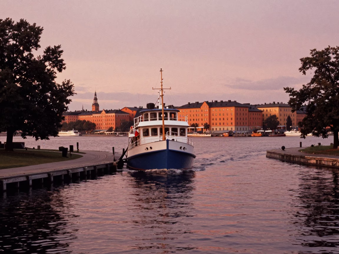 Stockholm Dusk Copper Light Island Mail Boat Arrival and Canal Reflections in in Stockholm, Sweden