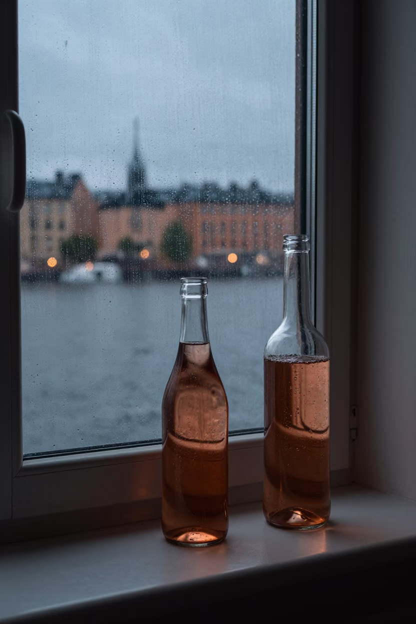 Stockholm Dusk Copper Light Reflecting on Glass Bottles and Ceramic Bowl in in Stockholm, Sweden