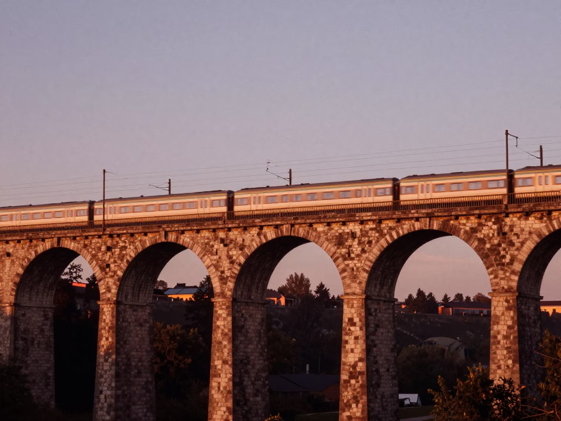 Stockholm Dusk Railway Viaduct Arches and Passing Train in Copper Light in in Stockholm, Sweden