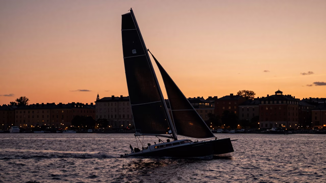 Stockholm Dusk Street Scene with Flying Dutchman Catamaran Heeling in Wind in in Stockholm, Sweden