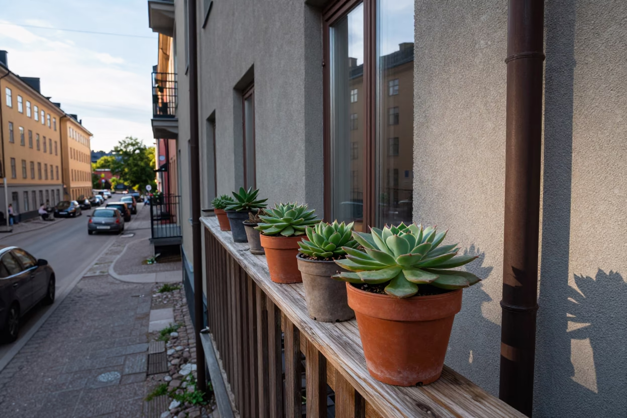 Stockholm Early Afternoon Street Scene with Potted Succulents on Balcony in in Stockholm, Sweden