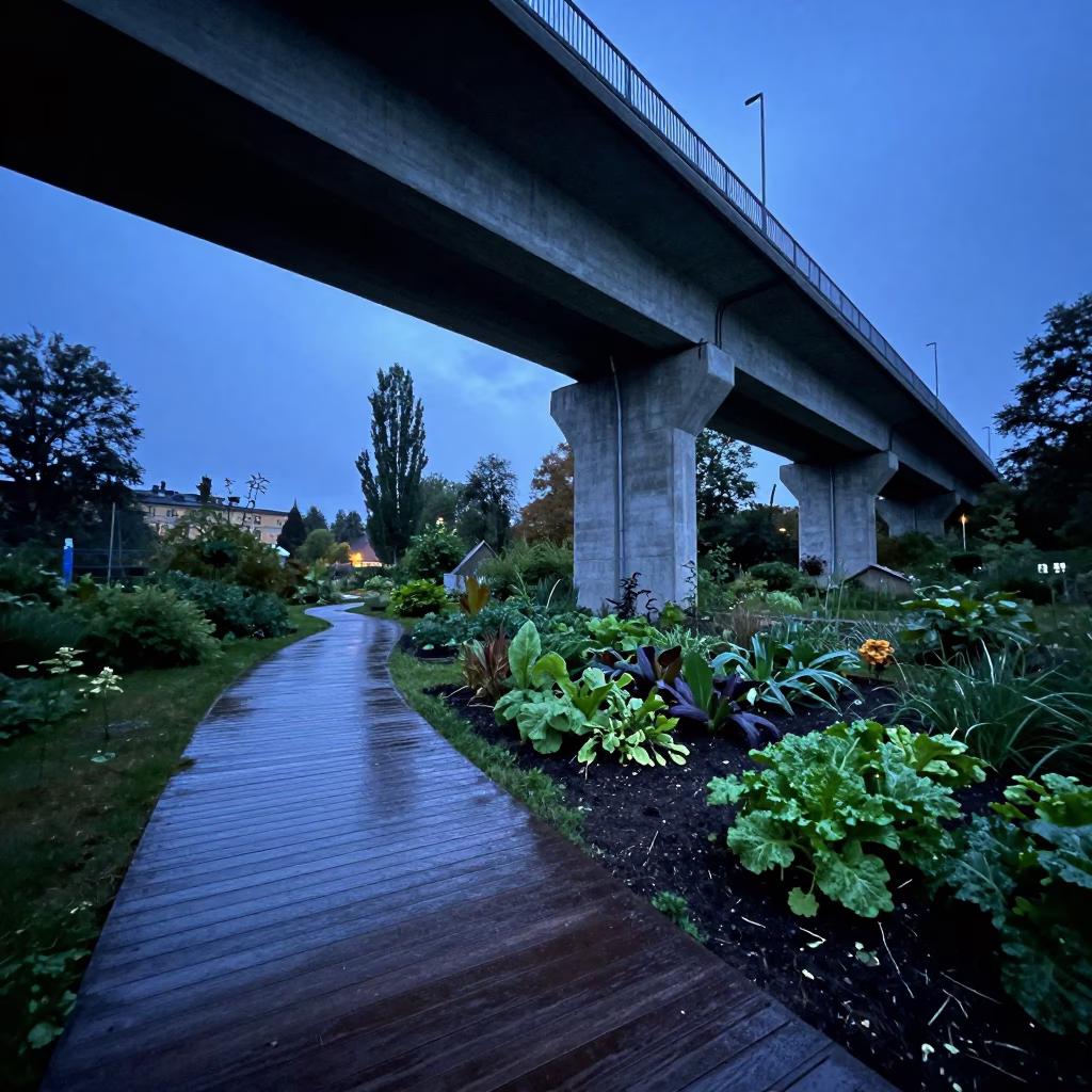 Stockholm Evening Allotment Gardens Viaduct Shadow After Rain Blue Light in in Stockholm, Sweden