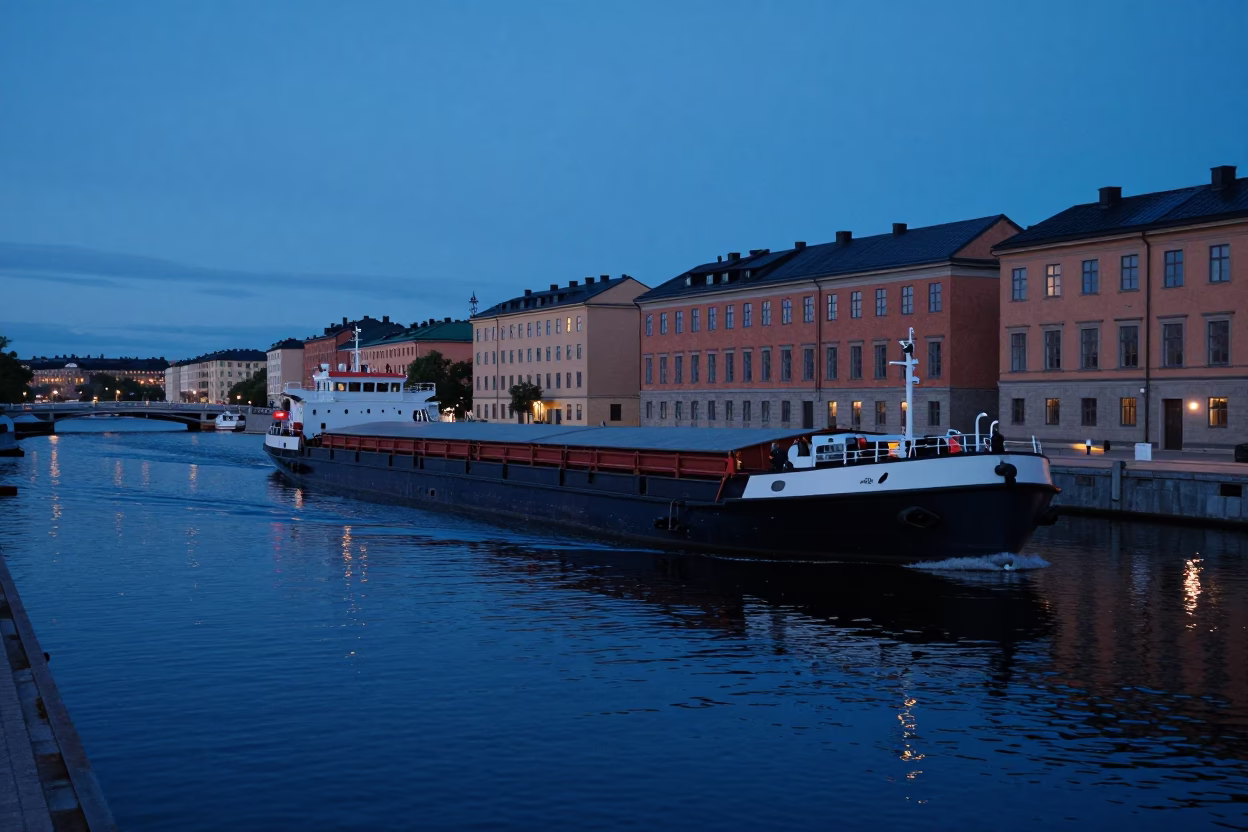 Stockholm Evening Blue Hour Canal Barge Cargo and Urban Street Scene in in Stockholm, Sweden