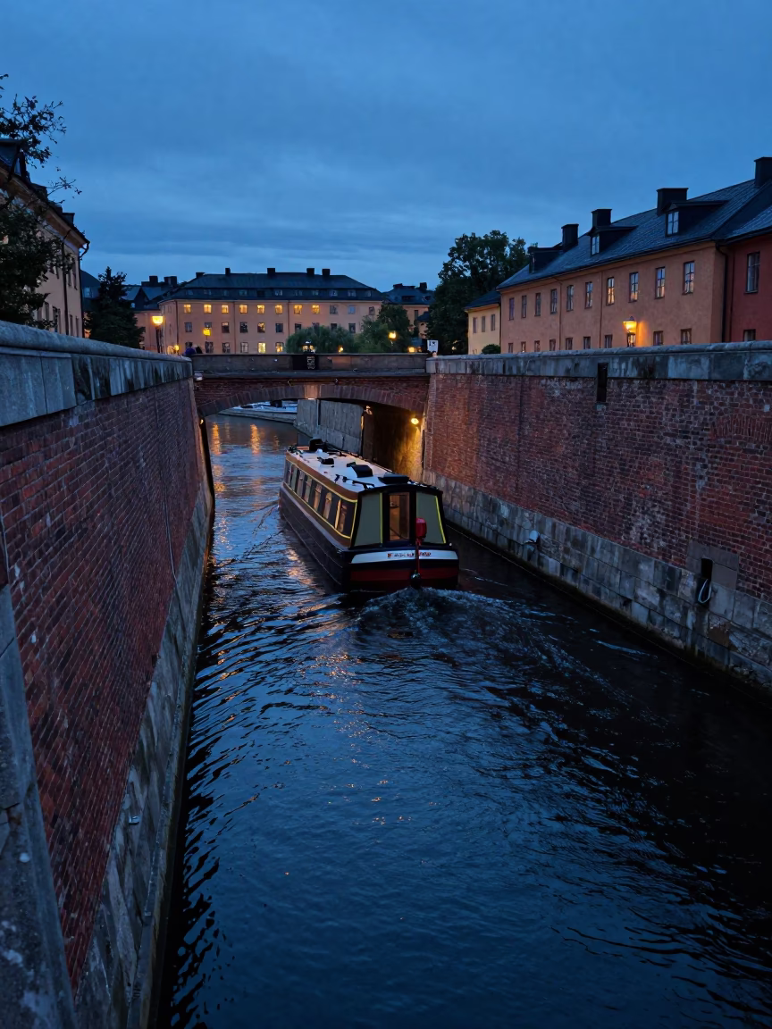 Stockholm Evening Blue Hour Narrowboat Passing Through Brick Canal Tunnel in in Stockholm, Sweden