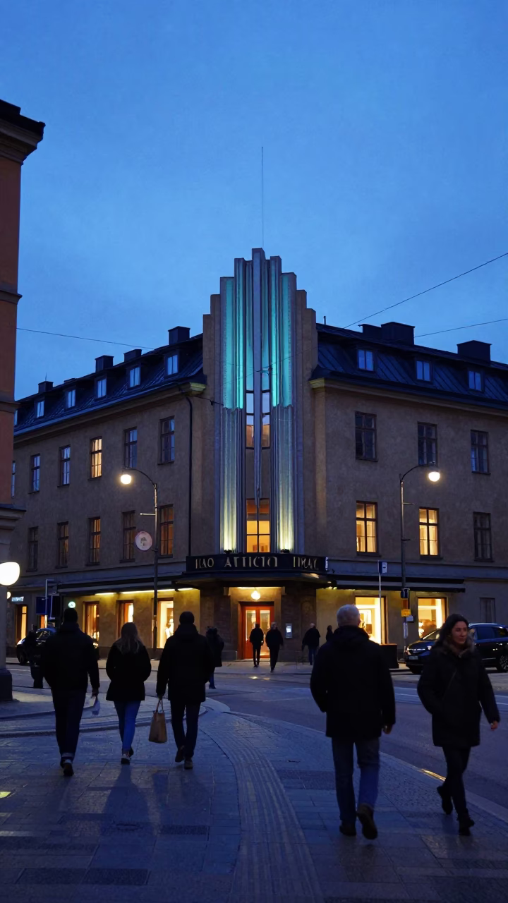 Stockholm Evening Blue Hour Street Scene with Art Deco Hotel Facade in in Stockholm, Sweden