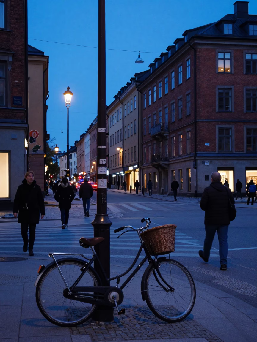 Stockholm Evening Blue Hour Street Scene with Commuters and Urban Details in in Stockholm, Sweden