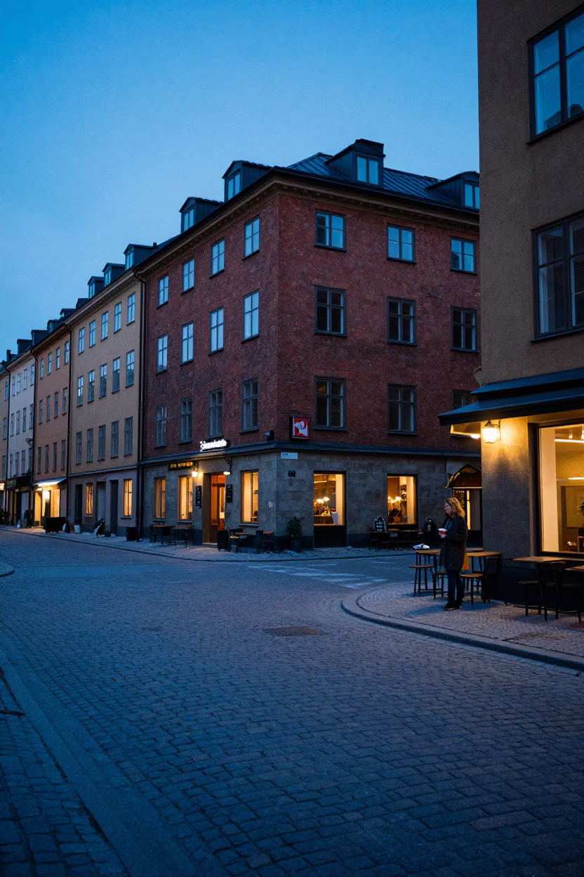 Stockholm Evening Blue Hour Street Scene with Espresso Cup and Urban Life in in Stockholm, Sweden
