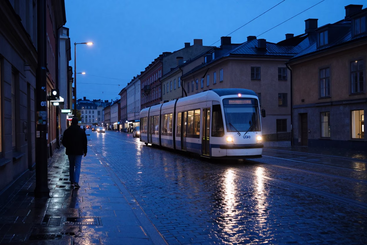 Stockholm evening blue hour tram and wet cobblestones with distant harbor light in in Stockholm, Sweden