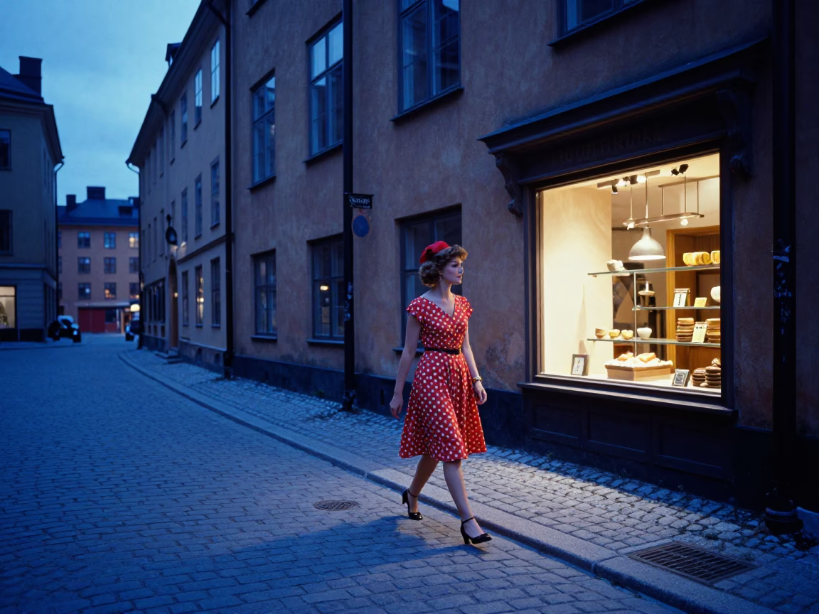 Stockholm Evening Blue Light Fashion Street Scene with Vintage Details in in Stockholm, Sweden